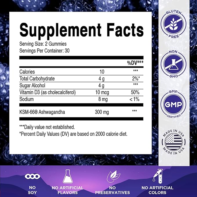 Vitamatic KSM-66® Ashwagandha + D3 Gummies – Natural Blue Raspberry Flavor – Sugar Free, Gluten Free, Non-GMO – 60 Gummies