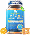 Fish Oil Omega 3 Gummies 1500mg for Adults - Triple Strength with EPA & DHA, COQ10, Red Yeast Rice - Wild Caught Omega 3 Fatty Acids Supplements for Hḙar-t & Brain - Sugar Free, Burpless, 60 Count