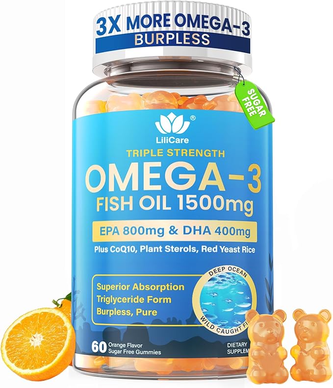 Fish Oil Omega 3 Gummies 1500mg for Adults - Triple Strength with EPA & DHA, COQ10, Red Yeast Rice - Wild Caught Omega 3 Fatty Acids Supplements for Hḙar-t & Brain - Sugar Free, Burpless, 60 Count