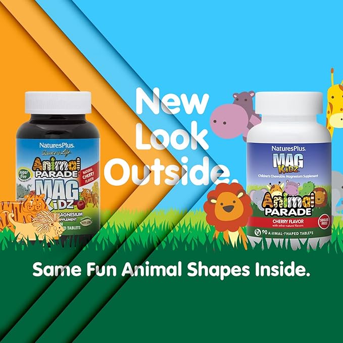 NaturesPlus Animal Parade MagKidz, Natural Cherry Flavor - 90 Animal-Shaped, Chewable Tablets - Pack of 3 - Bone & Muscle Health Support - Non-GMO, Vegan, Gluten Free, Sugar Free - 135 Total Servings