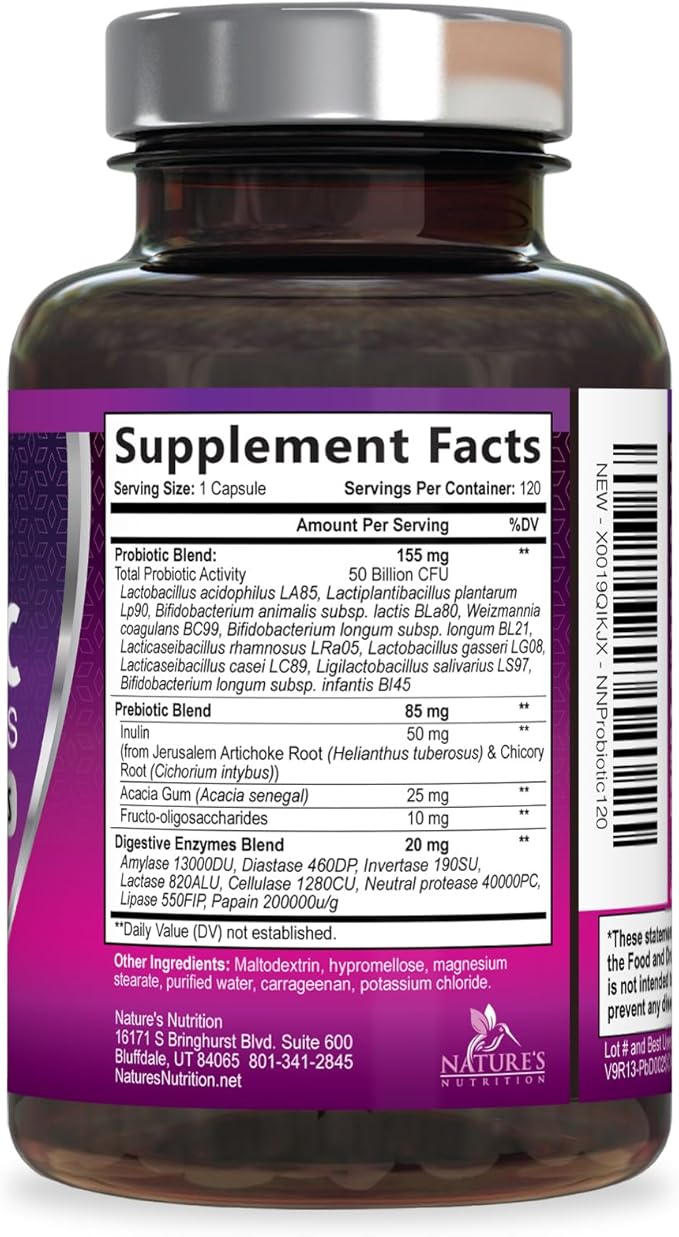 Probiotics for Digestive Gut Health - 50 Billion CFU Per Capsule, 10 Premium Strains & Prebiotics - Best Probiotics for Women & Men, Occasional Constipation, Gas, Immune Health Support - 120 Capsules
