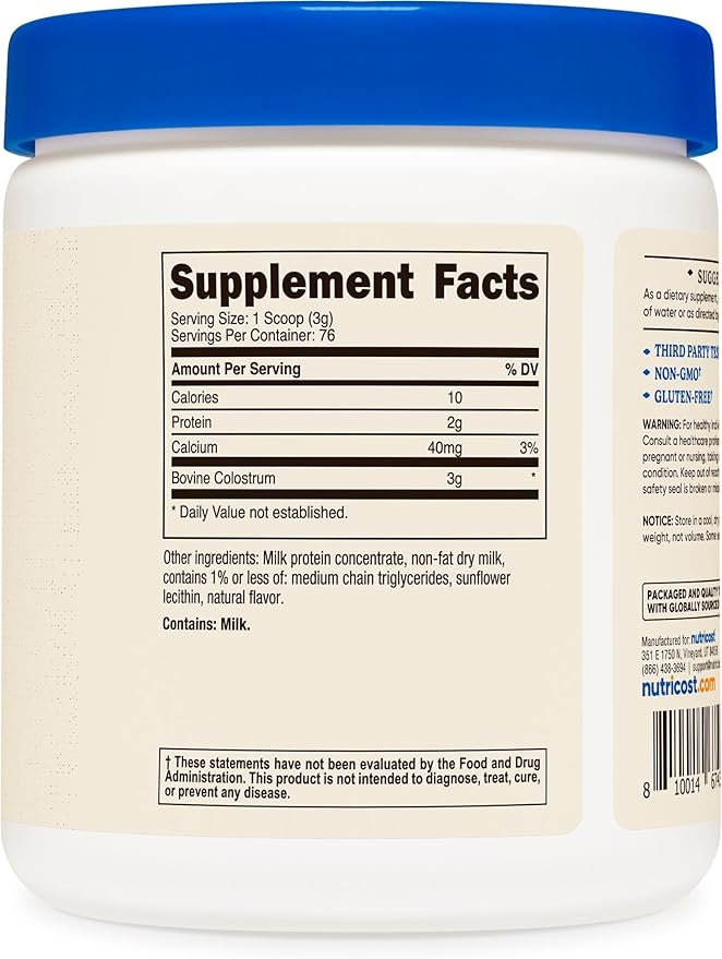 Nutricost Colostrum Powder 8 oz, Lactoferrin and Minimum 30% Immunoglobulins (IgG), from Bovine Colostrum, 3g Per Serving, 76 Servings