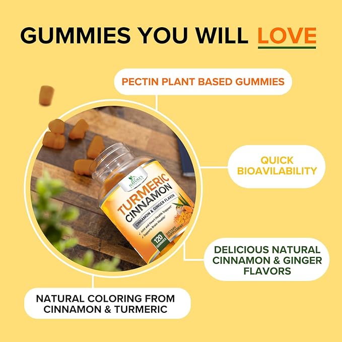 Turmeric Curcumin Supplement Gummies - 95% Curcuminoids with Turmeric Ginger, Black Pepper for Best Absorption, Nature's Vegan Joint Support, Non-GMO, Gluten Free, Tasty Cinnamon Flavor - 120 Gummies
