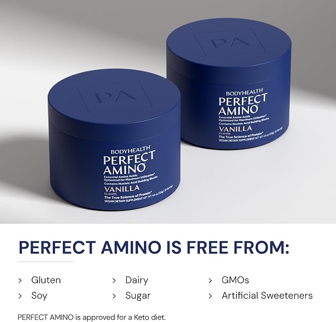 BodyHealth PerfectAmino - BCAA and EAA Powder for Pre and Post Workout - Amino Acid Energy Drink for Men and Women to Support Lean Muscle and Recovery - Vanilla - 20 Servings