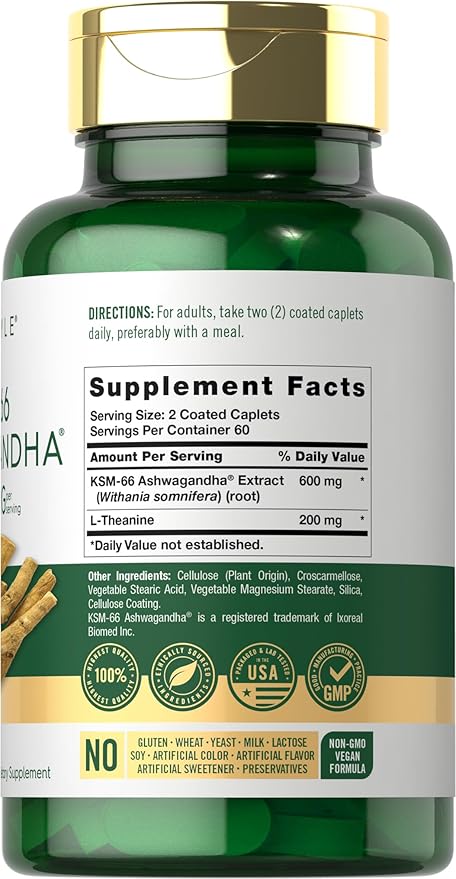 Carlyle KSM-66 Ashwagandha Root Extract 600mg | 120 Vegan Caplets | Supplement with L-Theanine | Non-GMO, Gluten Free