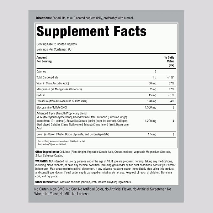 Piping Rock Glucosamine Chondroitin MSM Turmeric | 180 Caplets | Triple Strength | Advanced Supplement | Non-GMO, Gluten Free