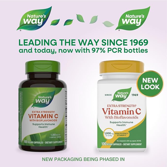 Nature's Way Extra Strength(1) Vitamin C with Bioflavonoids, Supports Immune Health*, Promotes Collagen Production for Healthy Skin*, 1,000 mg per Capsule, 100 Vegan Capsules (Packaging May Vary)