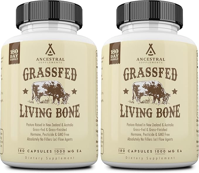 Ancestral Supplements Grass Fed Beef Living Bone Supplement, Bone Meal Capsules Support Bone Health, Oral and Joint Health and Flexibility, Non-GMO, 180 Capsules (Pack of 2)