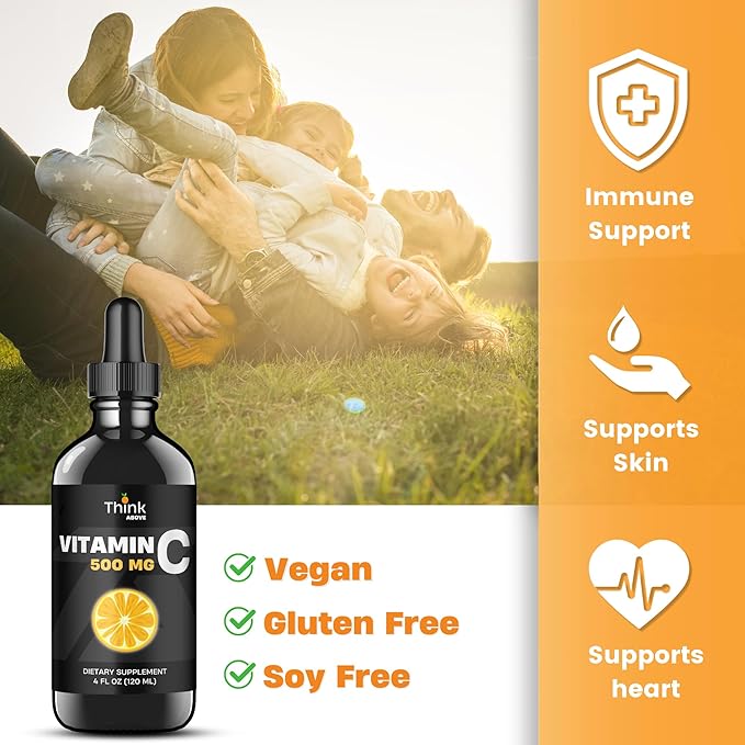 Think Above High Potency Liquid Vitamin C Drops – 500 mg Immune Support Supplement for Adults & Kids – Easy Absorption, 4 fl oz (120 ml) Vitamin C Liquid Formula