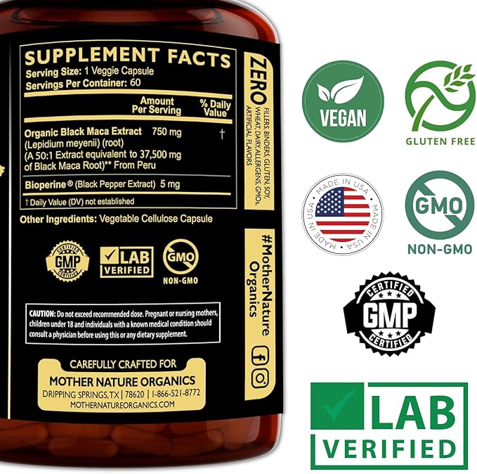 Black Maca Root 50:1 Extract 37,500mg – 60 Capsules Organic Peruvian Maca Peruana Supplement for Men | High Potency Energy, Mood & Performance Support | Vegan, Non-GMO