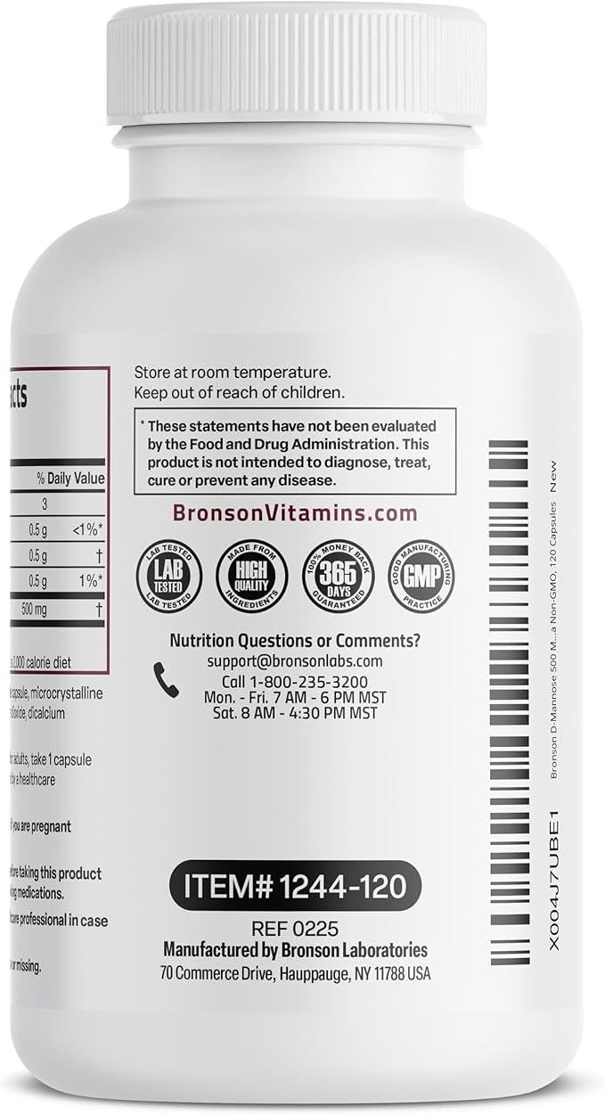 Bronson D-Mannose 500 MG Vegetarian Friendly Formula Non-GMO, 120 Capsules