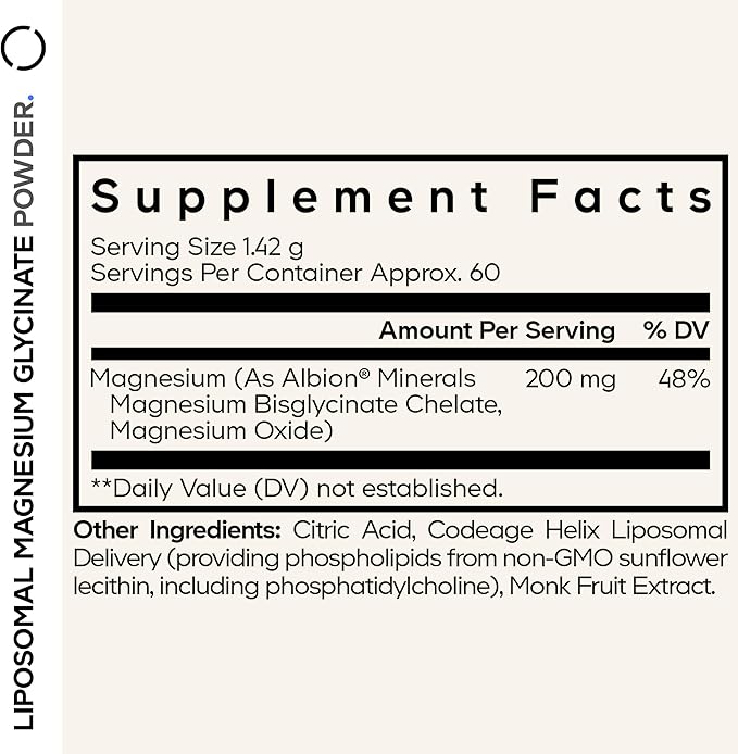 Codeage Magnesium Glycinate Powder Supplement, 2-Month Supply, Bisglycinate Magnesium Chelate, Unflavored, Liposomal Delivery, Chelated Magnesium Powder Mineral, Non-GMO Vegan, 3 oz