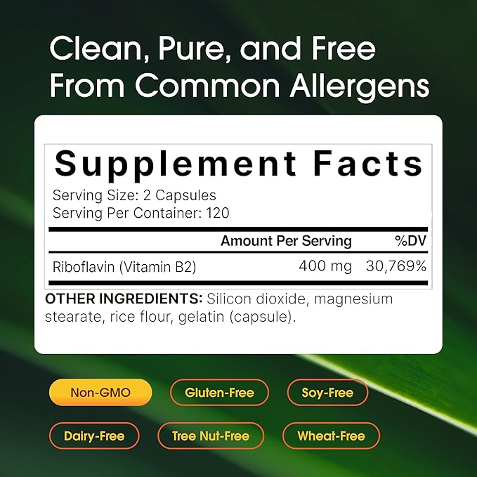 NatureBell Vitamin B2 (Riboflavin) 400mg - 240 Capsules - Supplement for Energy, Skin & Cellular Health* - Non-GMO & Gluten Free - Easily Absorbed