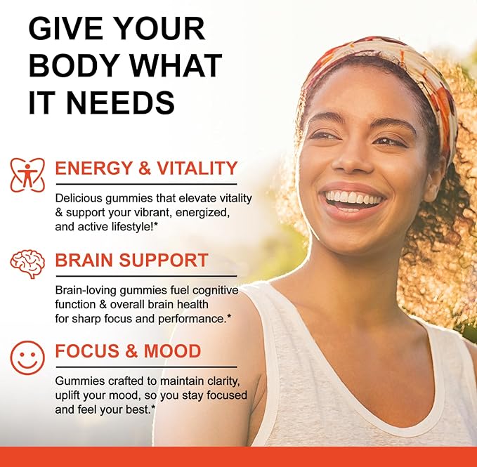 Vitamin B Complex Gummies for Women & Men - Vitamin B12, B1, B2, B3, B5, B6, B7 & B9 - B Complex with Vitamin C & Choline - Energy & Immune Support* - Vegan, Sugar Free, Peach Flavor - 60 Gummies