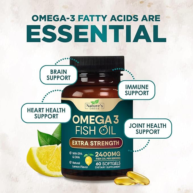 Omega 3 Fish Oil Supplements - 2400mg Fish Oil Per Serving - Triple Strength Omega-3 with Fatty Acids EPA & DHA - Natural Heart, Brain & Immune Support - Wild Caught, Bottled in USA - 60 Softgels