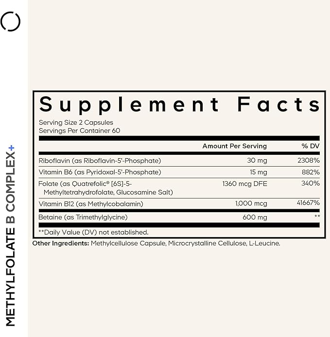 Codeage Methylfolate B Complex Supplements - 5 MTHF, Methylcobalamin 1000mcg Methylated Vitamin B12, Riboflavin, Betaine, Vitamins B6, Methylation Cycle MTHFR - 2 Months - 120 Capsules