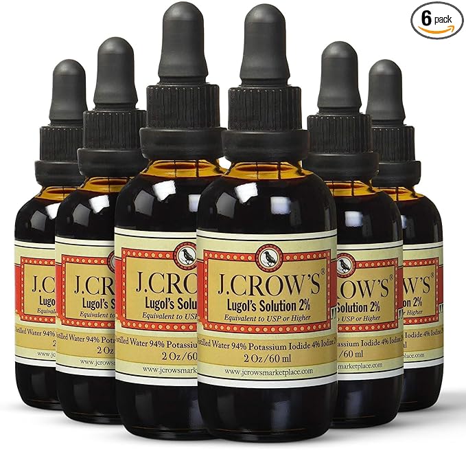 J.CROW'S® Lugol's Iodine 2% Solution, Iodine & Potassium Iodide 2 oz (6 Bottles) - Liquid Supplement Drops - Non-GMO, Alcohol-Free - 1200 Drops