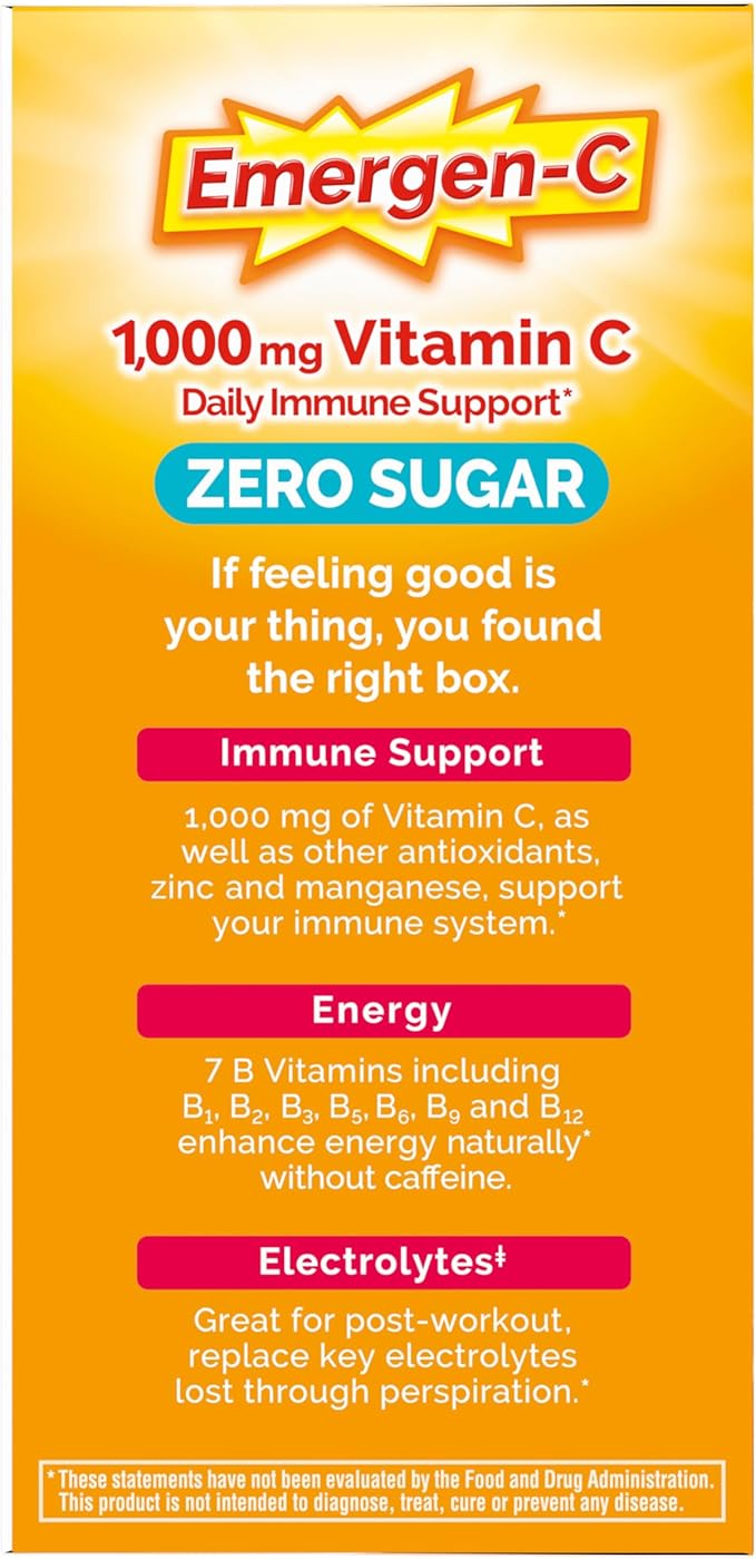 Emergen-C Zero Sugar 1000 mg Vitamin C Powder for Daily Immune Support Caffeine Free Vitamin C Supplements with Zinc & Manganese,B Vitamins&Electrolytes, Raspberry Lemonade Flavor 36 Count(Pack of 2)