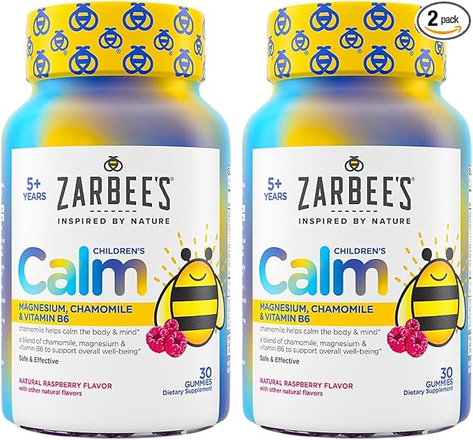 Zarbee's Naturals Children’s Calm Gummies, Magnesium for Kids Ages 5+, Melatonin-Free, Support for a Calm Mind & Body, Chamomile & Vitamin B6, Natural Raspberry Flavor, 30 ct, (Pack of 2)