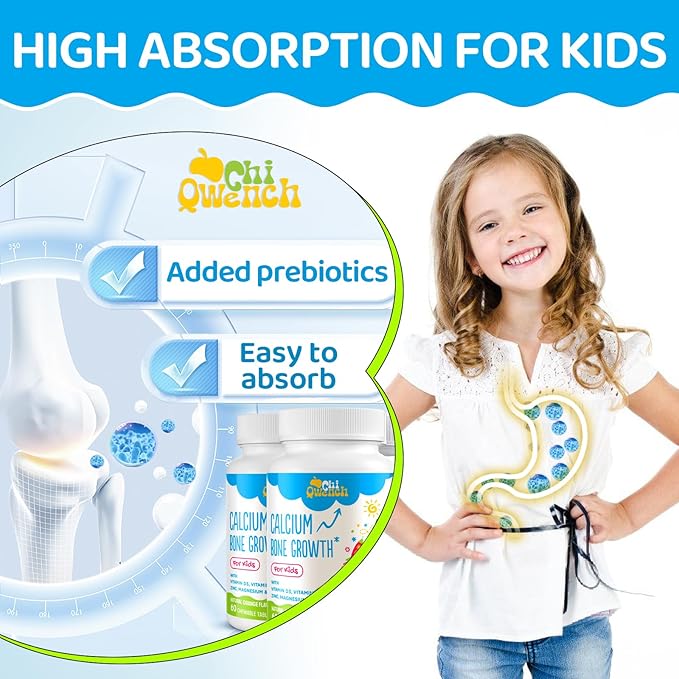 500 MG Calcium Supplement with Vitamin D3 & K2, Zinc, Magnesium & Prebiotics. Kids Vitamins for Kids' Height. Bone Strength, High Absorption, Orange Chewables, Gluten Free, 120 Tabs