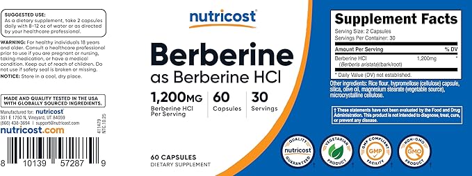 Nutricost Berberine HCl 1200mg , 60 Vegetarian Capsules - Gluten Free & Non-GMO
