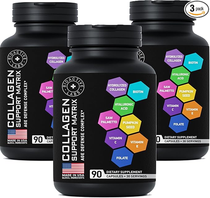 Age Defense Beauty Collagen Matrix - 2,000mg Multi Collagen Biotin Keratin Hyaluronic Acid Saw Palmetto Supplement Complex - DHT Blocker for Men & Women for Hair Growth - 3-PACK, 270 Gluten-Free Caps