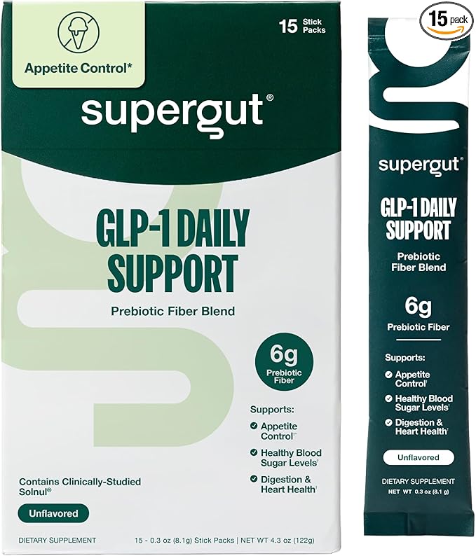 Supergut GLP1 Daily Support - High Fiber GLP-1 Supplement Powder for Women & Men - Sugar-Free Drink Mix for Gut Health (15 Servings)
