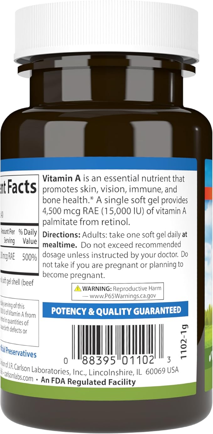 Carlson - Vitamin A, 15000 IU Palmitate (4500 mcg RAE), Vision Health & Healthy Skin, Immune Function, 240 Softgels (Pack of 2)