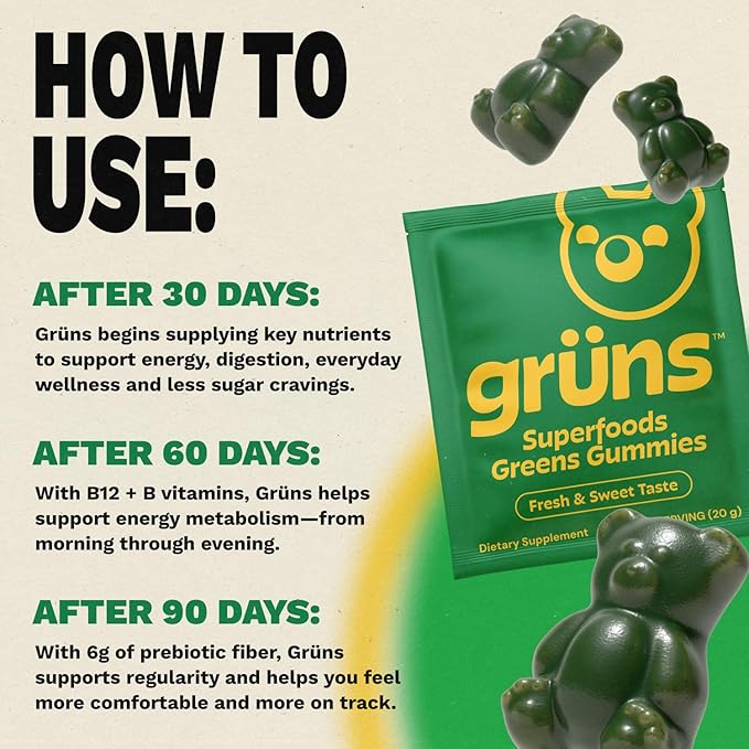 Gruns Adult Super Greens Multivitamin Gummies, Superfood Gummy Vitamins for Women and Men with Spirulina, Chlorella, Adaptogens & Prebiotic Fiber for Digestive Health (28 Count) (Pack of 2)