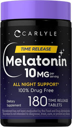 Carlyle Melatonin 10mg | 180 Time Release Tablets | All Night Support | with Vitamin B6 | 100% Drug Free Supplement | Vegan, Non-GMO, Gluten Free