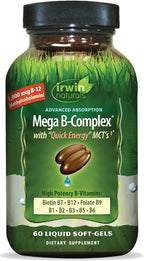 Irwin Naturals Mega B-Complex - 60 Liquid Softgels - Vitamin B Complex with Vitamin B12, Folate B9, Biotin B7, B1, B2, B3, B5, B6, and Quick Energy MCTs