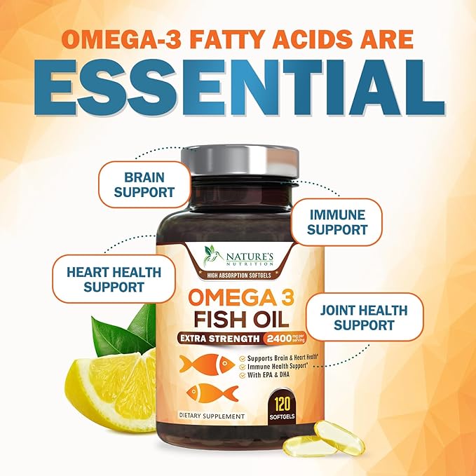 Omega 3 Fish Oil Supplements - 2400mg Fish Oil Per Serving - Triple Strength Omega-3 with EPA & DHA Fatty Acids - Natural Heart, Brain & Immune Support - Wild Caught, Bottled in USA - 120 Softgels