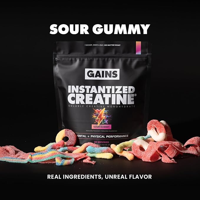 Gains in Bulk Instantized Creatine Monohydrate for Men & Women, Soluble Pre Workout Powder, Supports Muscle Building, Strength and Performance, Bodybuilding Supplements, Sour Gummy, 30 Servings
