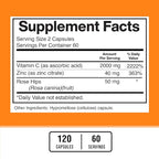 American Standard Supplements Vitamin C 2000mg, Zinc 40mg, and Rose Hips 50mg Per Serving, Vegan, Gluten Free, Non-GMO (120 Count)