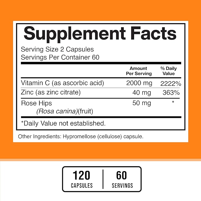American Standard Supplements Vitamin C 2000mg, Zinc 40mg, and Rose Hips 50mg Per Serving, Vegan, Gluten Free, Non-GMO (120 Count)