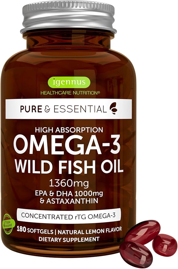 Igennus Ultra Pure Omega 3 Triglyceride rTG Wild Fish Oil 1360mg, IFOS Certified, EPA DHA 1000mg Plus Astaxanthin, Non-GMO, for Men & Women, 180 Softgels