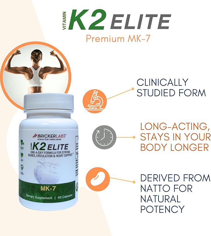 Bricker Labs K2 Elite Vitamin K2 MK-7 Supplement 160mcg, Supports Bone & Heart Health, Calcium Absorption & Circulation – Non-GMO – 60 Capsules