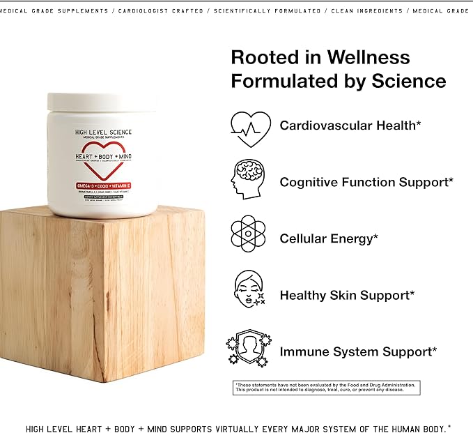 High Level Science CoQ10, Omega-3, Vitamin E - Cardiologist Formulated for Heart + Body + Mind Health with DHA/EPA, Antioxidant for Energy, Superior Bioavailable Fish Oil - Gluten Free