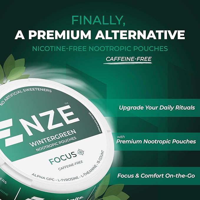 NZE Caffeine Free Nootropic Pouches (Wintergreen) - Nootropic Pouches with Alpha GPC, L-Tyrosine & L-Theanine - No Sugar or Artificial Sweeteners - 15 Pouches Per Can - 5 Pack