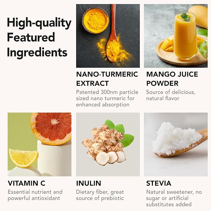 Nano Turmeric Curcumin Drink Powder Supplements–Mango Flavor Daily Morning Routine Immunity Wellness Shot, Gut Health & Joint Support - No Added Sugar, Vegan, Gluten-Free, Non-GMO,28 Sachets