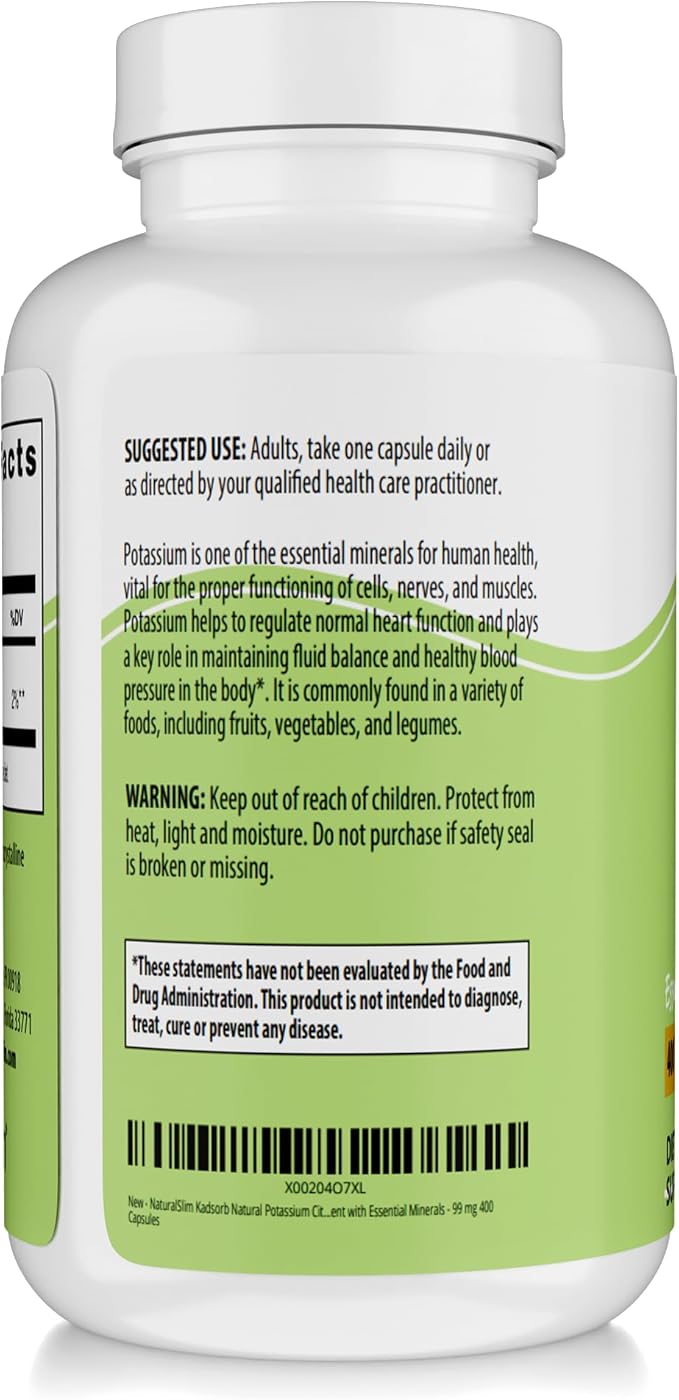 NaturalSlim Natural Potassium Citrate Gluconate 99 mg - Kadsorb Supports Electrolyte Balance & Normal pH - Absorbable Potassium Supplements with Essential Minerals - Non GMO 400 Capsules 2 Pack