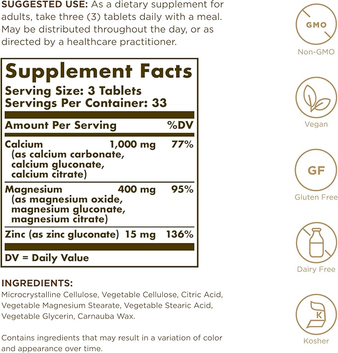 Solgar Calcium Magnesium Plus Zinc, 100 Tablets (Pack of 3) - Promotes Healthy Bones and Teeth - Supports Nerve & Muscle Function - Non-GMO, Vegan, Gluten Free, Dairy Free, Kosher - 100 Total Servings