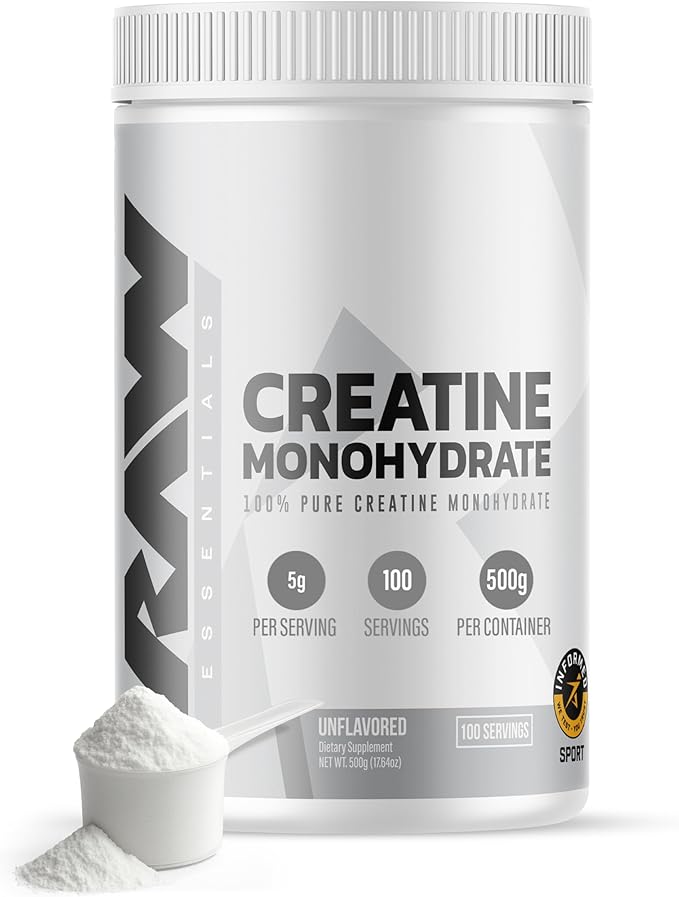 RAW Nutrition Creatine Monohydrate Powder, Unflavored (100 Servings) - Micronized Creatine Monohydrate Supplement for Workout Performance, Build Muscle & Strength - Creatine Powder for Men & Women