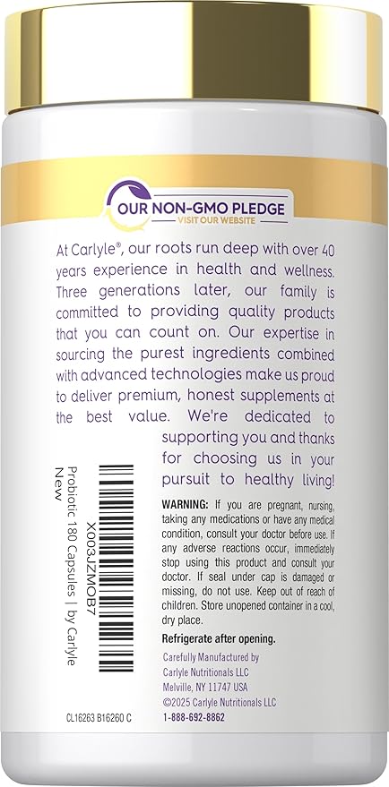 Carlyle Acidophilus Probiotic for Women & Men's Digestive Health | 2 Billion CFU | 180 Quick Release Capsules | Non-GMO & Gluten Free