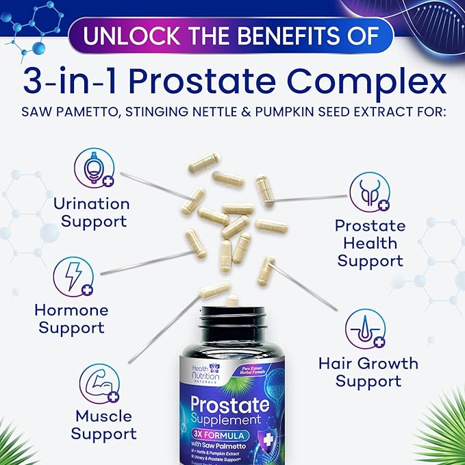 Prostate Health Supplements for Men - 3X Strength with Saw Palmetto Blend Stinging Nettle Root & Pumpkin Seed Support Complex - Supports Bathroom Trips Prostate & Urinary Health - 60 Capsules
