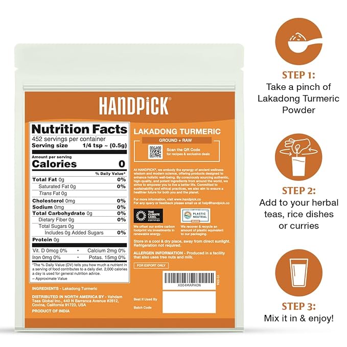 HANDPICK Lakadong High Curcumin Turmeric Powder (226g/ 8oz) Non GMO, Gluten Free, 100% Raw, Sourced from India, High Curcumin, Premium Quality, Packed in Resealable Ziplock Pouch