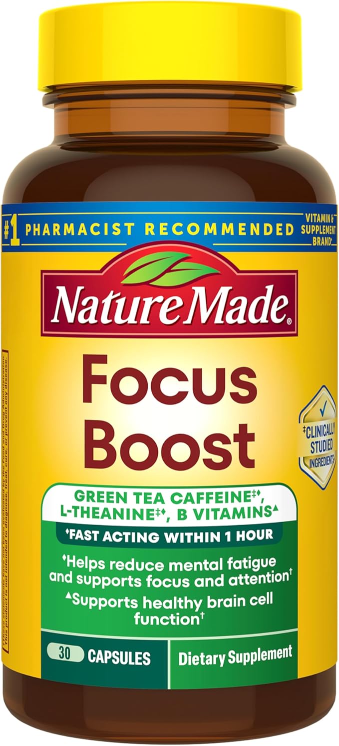 Nature Made Focus Boost Capsules, Green Tea Caffeine + L Theanine, B Vitamins, Fast Acting Focus Supplement, 30 Capsules, 30 Day Supply