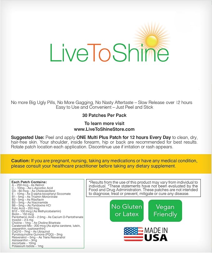 Live To Shine Multi Plus Patch – 30-Day Supply – USA-Made Topical Wellness Patch for Women & Men – Vegan, Sugar-Free, Gluten-Free, Non-GMO – Daily Energy & Immune Support