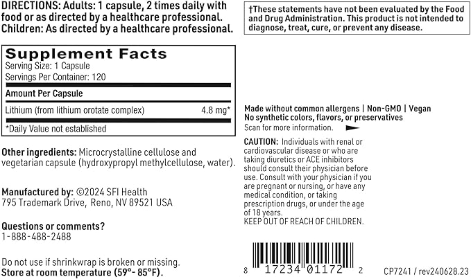 Klaire Labs SFI Health Lithium Orotate 4.8 mg - May Help Balance Mood - Bioavailable Lithium Orotate Supplement - Trace Minerals Promote Focus, Memory, Cognitive & Mood Support (120 Capsules)
