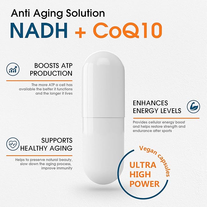 NADH + CoQ10 + D-Ribose Supplement, Enhance NAD+ Supplement for Energy, Fatigue , 60 Capsules